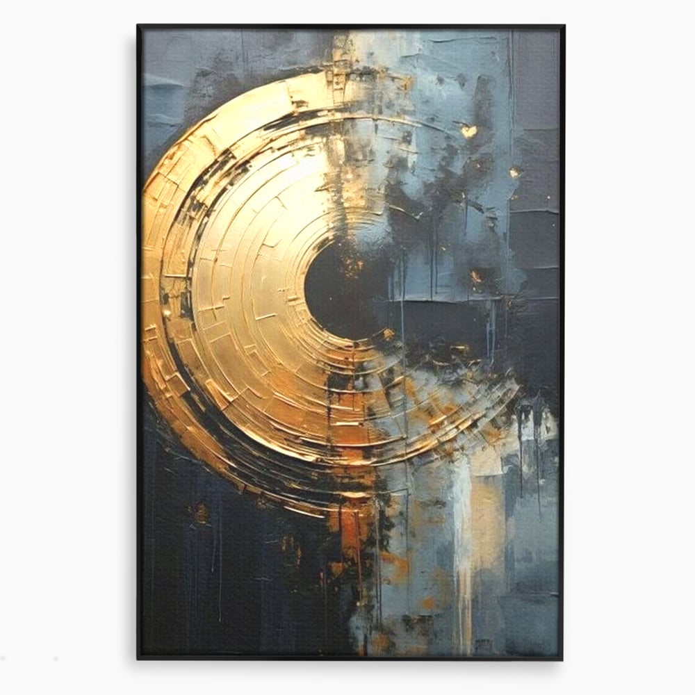 Tablou canvas cu tablou abstract cu cerc auriu, in rama de aluminiu negru